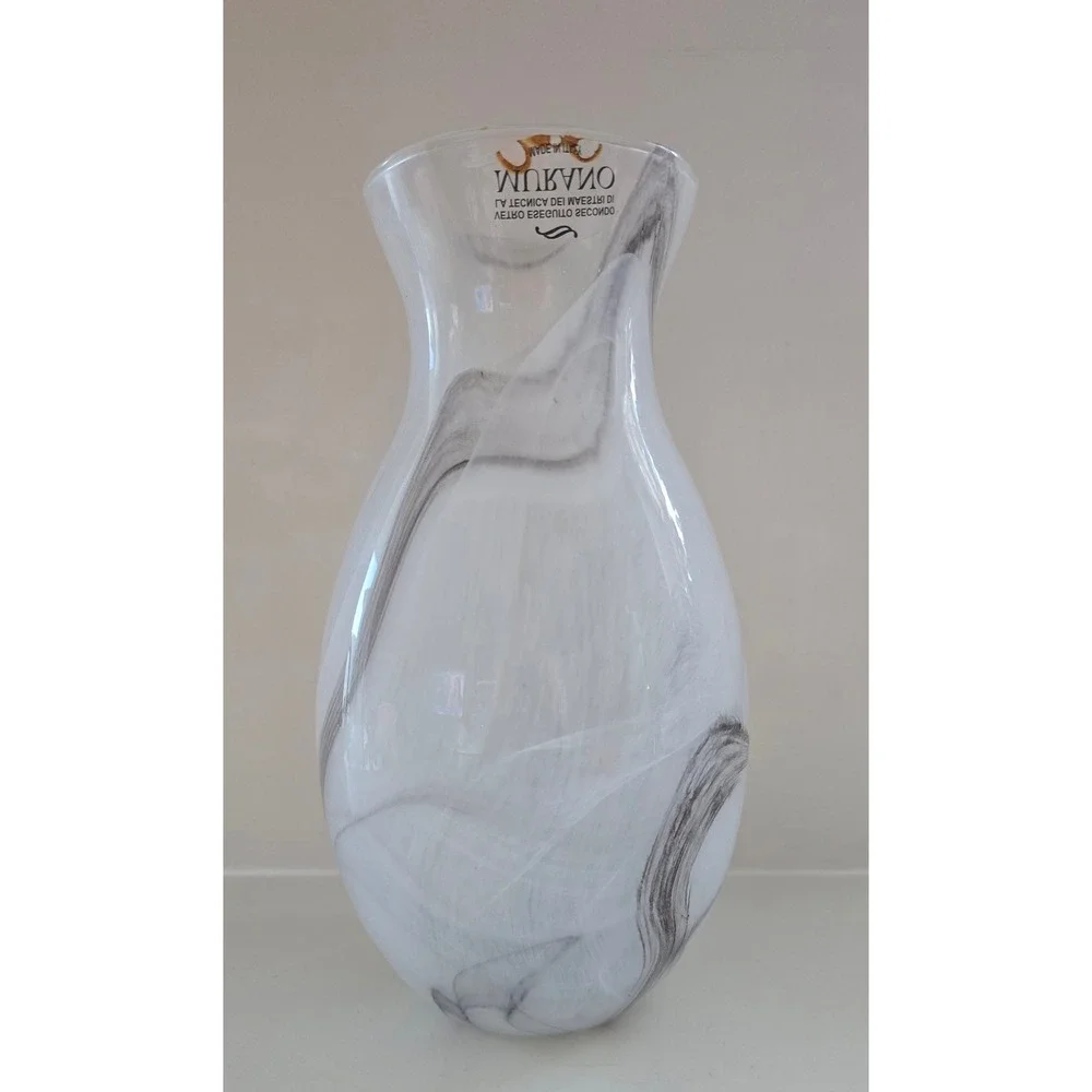 Murano Glass Vase White Gray Marbled Swirl Hand Blown Made in Italy Art Glass